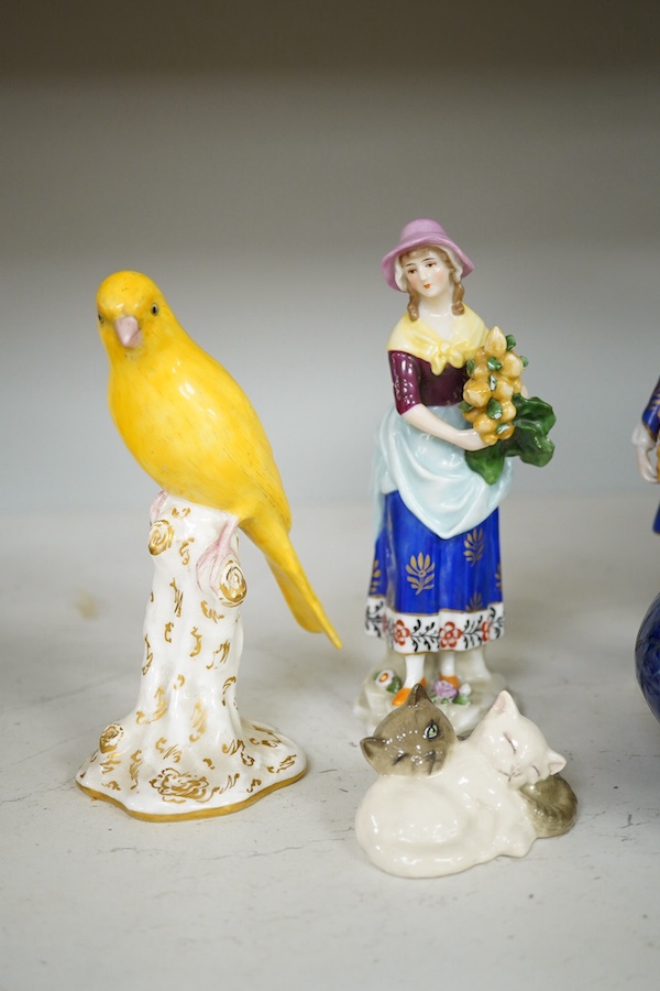 A Royal Lancastrian vase and a Dupuy vase and a Sally Shrimpton studio floral pottery jar and cover, a small group of mixed ceramics to include a Royal Worcester model of a canary, No 2665, a Royal Doulton ‘cat’ group an